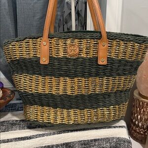 Tory Burch Straw, tote bag, green, gold, stripes, leather handles